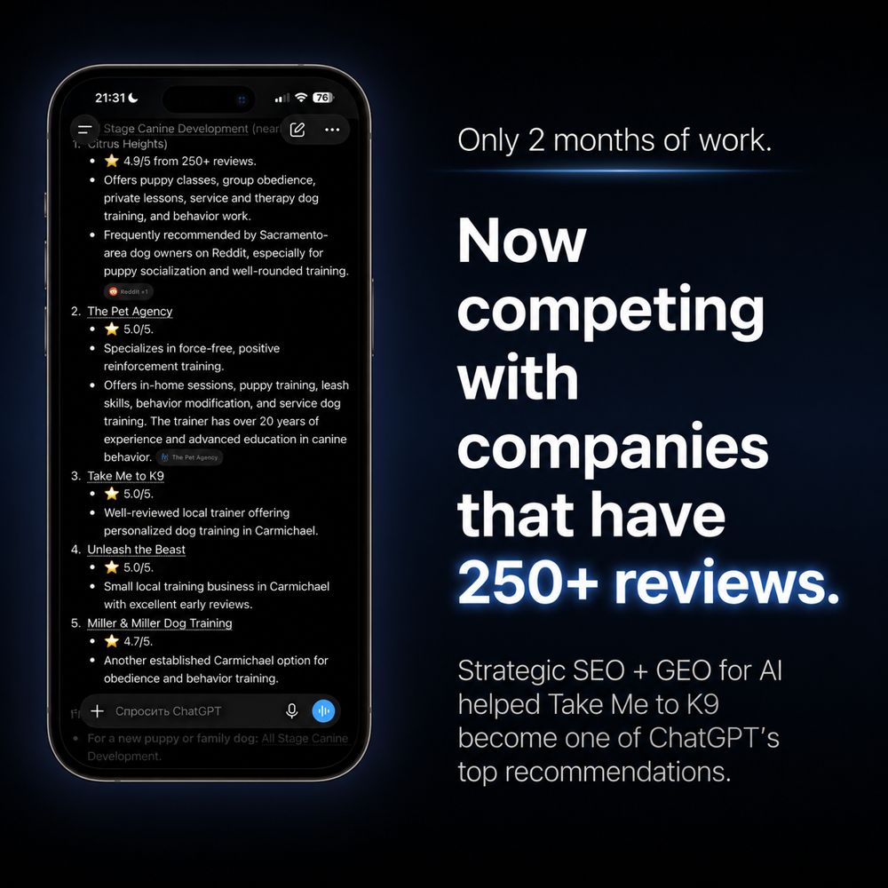 ChatGPT answer listing Take Me to K9 among recommended trainers alongside competitors with 250+ reviews