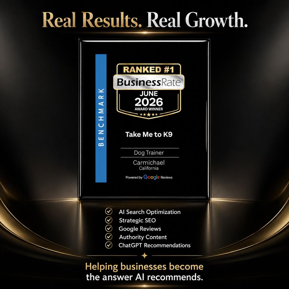 BusinessRate Ranked #1 award for June 2026 for Take Me to K9, dog trainer in Carmichael, California